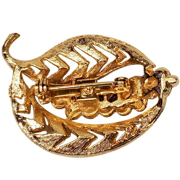 Classy Vtg Art Deco Gold Tone Leaf Pin Clear Rhinestones 1.5" Retro Glam Unsigne - Picture 2 of 3